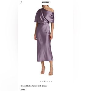 AMSALE Draped Satin Pencil Midi-Dress Violet Size 2